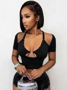 BamGleam Women's Black Sexy T-Shirt With Cutouts On Chest, Waist And Back, Stylish Design Suitable For Daily Wear, Nightclub, Party And Vacation - Black - View 1