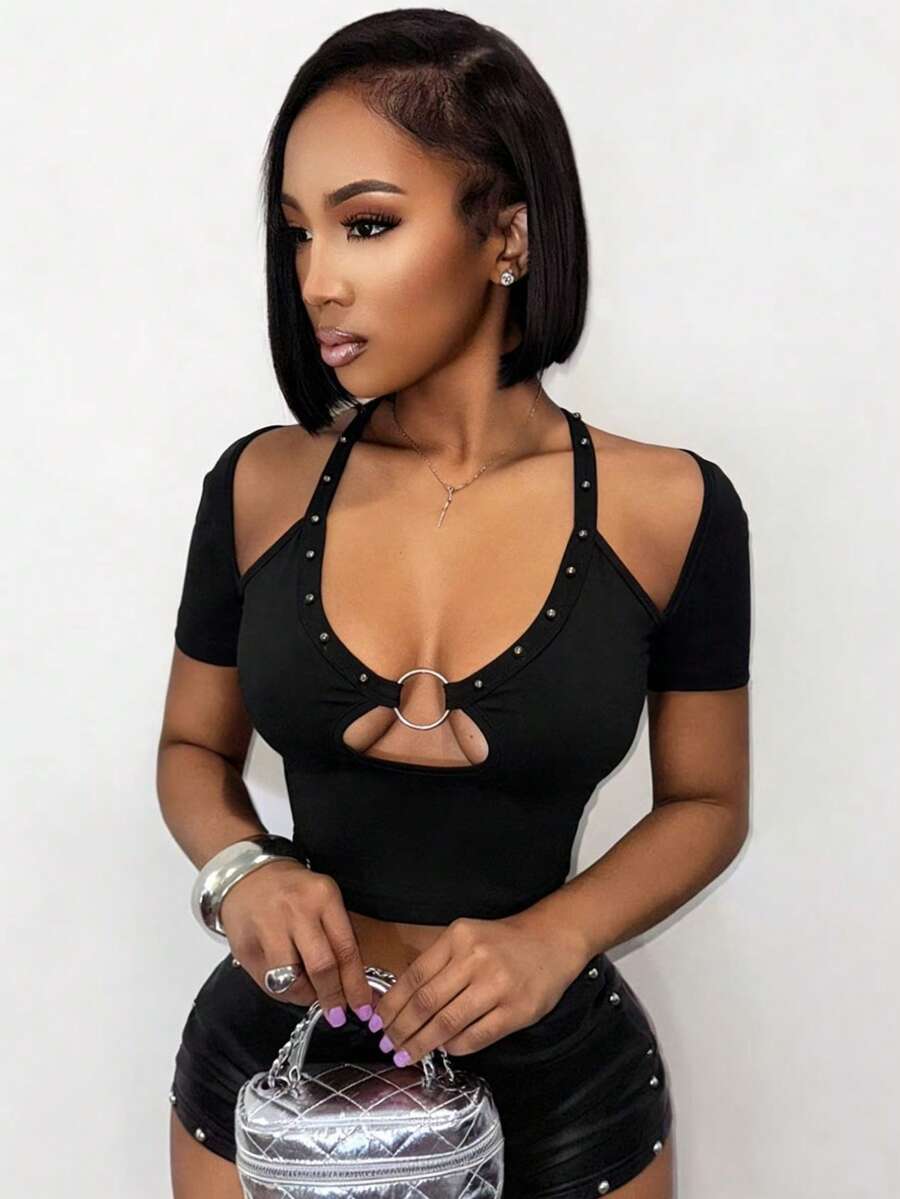 BamGleam Women's Black Sexy T-Shirt With Cutouts On Chest, Waist And Back, Stylish Design Suitable For Daily Wear, Nightclub, Party And Vacation - Black - View 1