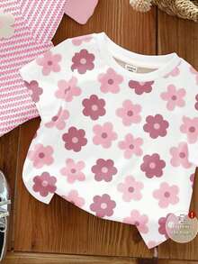 SHEIN LMoss Kids 3件套可爱卡其色碎花、米白色、粉色条纹、粉色圆领短袖基础款T恤，适合日常穿着、居家、度假、搭配，轻松舒适，可叠穿，时尚女孩，休闲装，儿童碎花图案服装，时尚秋季，时尚冬季，新款，清凉舒适 - 彩色 - 查看 3