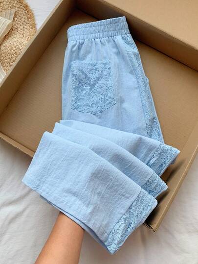 Comfortcana 2026 Spring/Summer New Women's 100% Cotton Blue Spliced Lace Pants,Winter,Easter,Party ,Beach,Wedding,Graduation,Elegant,Casual,Vacation,Sports, Formal,Y2k,Business,Sequin,Fringe,Ruffle,Flower,Graphic,