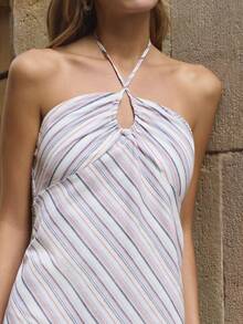 Nöista Vacation Casual Striped Asymmetric Hem Backless Halter Dress - Red - View 7