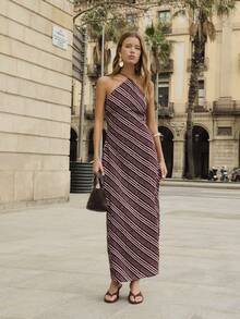 Nöista Halter Neck Dress With Diagonal Irregular Stripes, Summer, Spring, Easter. - Brown - View 1