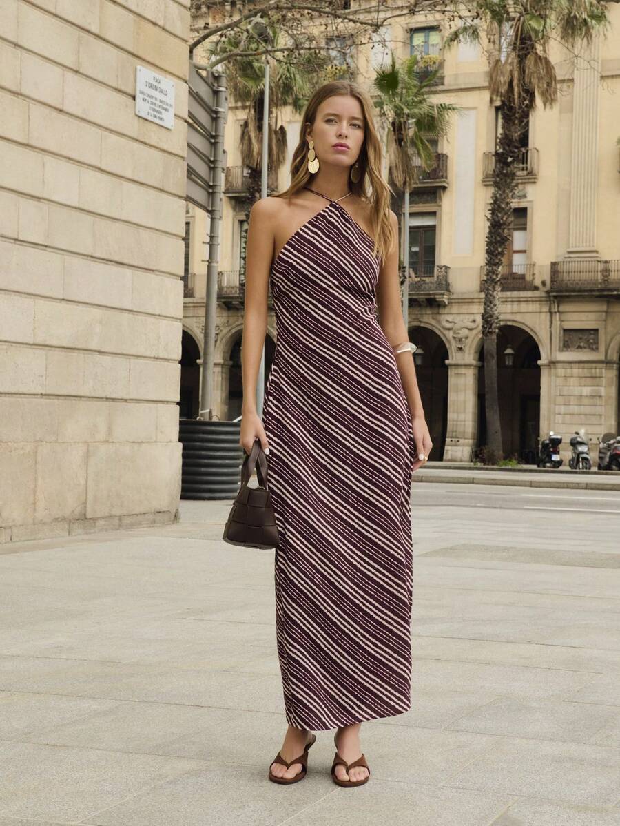 Nöista Halter Neck Dress With Diagonal Irregular Stripes, Summer, Spring, Easter. - Brown - View 1