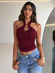 Aloruh Women's Elegant Metal Buckle Decor Cinched Waist Ruched Tie-Neck Camisole - Burgundy - View 5