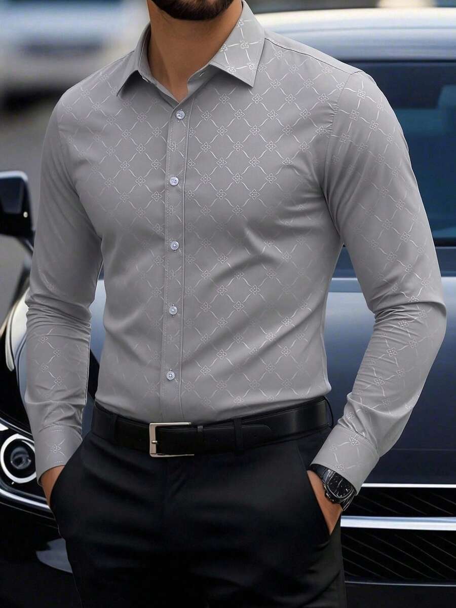 Manfinity Mode Chemise habillée à manches longues et coupe slim pour hommes, chemise ajustée à manches longues pour hommes, chemises habillées décontractées pour hommes pour les affaires, l'automne et les vacances - Gris pâle - Voir 1