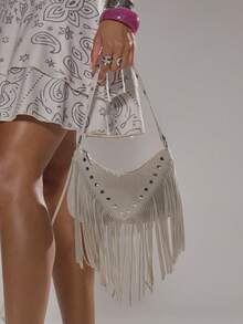 MUSERA Studded Fringed Tassle Faux Leather Handbag For Going Out Daily Spring Holiday Accessory,Rivets, Retro, Vintage, Bohemian Style, Fashionable, Personalized, Simple, Versatile, Street, For Daily, Music Festival - Beige - View 2