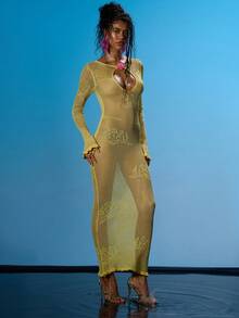 MUSERA Open Keyhole Front Floral Detail Long Sleeve Fitted Crochet Knit Maxi Dress Summer Sexy Going Out Beach Holiday Ibiza Club Tropical Fever - Light Yellow - View 3