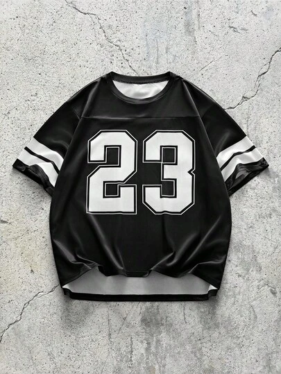 EVRINFINITE 2025 男士时尚透气网眼条纹字母印花短袖休闲篮球球衣式T恤，春夏款，夏季足球服