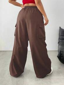 SHEIN Tall CURVE Plus Size Women's Solid Color Drawstring Waist Casual Cargo Pants - Chocolate Brown - View 2