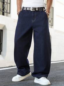 Manfinity Roghcode Men's Casual Street Style Multi-Pocket Flared Leg Blue Jeans - Dark Wash - View 2
