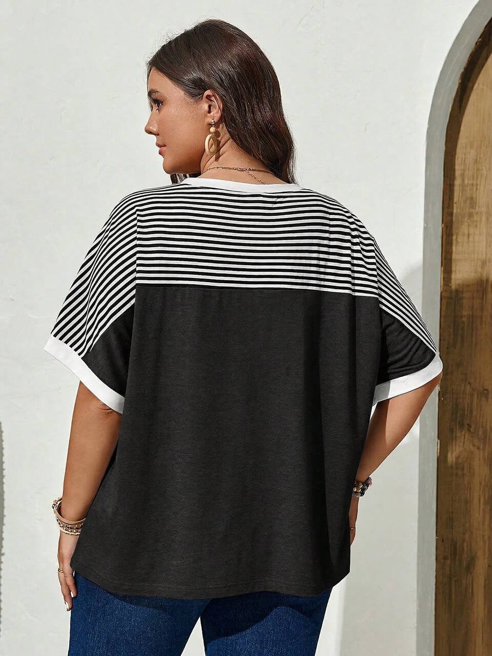 Plus Size Women'S Striped Pattern Batwing Sleeve T-Shirt For Spring