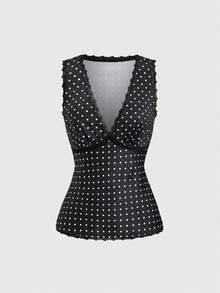 Sweetra Áo kiểu nữ thời trang mới, đa năng, chất liệu satin chấm bi, không tay, viền ren. - Đen và trắng - Xem 3