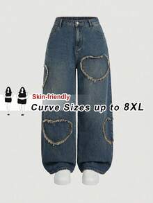 SHEIN CURVE+ 女士大码粉色爱心时尚牛仔裤，适合秋冬季节、圣诞节、新年、春夏等各种场合，包括通勤、度假、毕业季、Y2K风、街头风、派对、婚礼、商务休闲等。这款大码爱心镂空阔腿牛仔裤，轻松打造休闲牛仔风，爱心贴片毛边高腰宽松牛仔裤，Y2K美学牛仔裤，复活节可爱牛仔裤，情人节风格牛仔裤，Y2K复古风街头酷炫牛仔裤，春假穿搭。 - 藍色 - 查看 1
