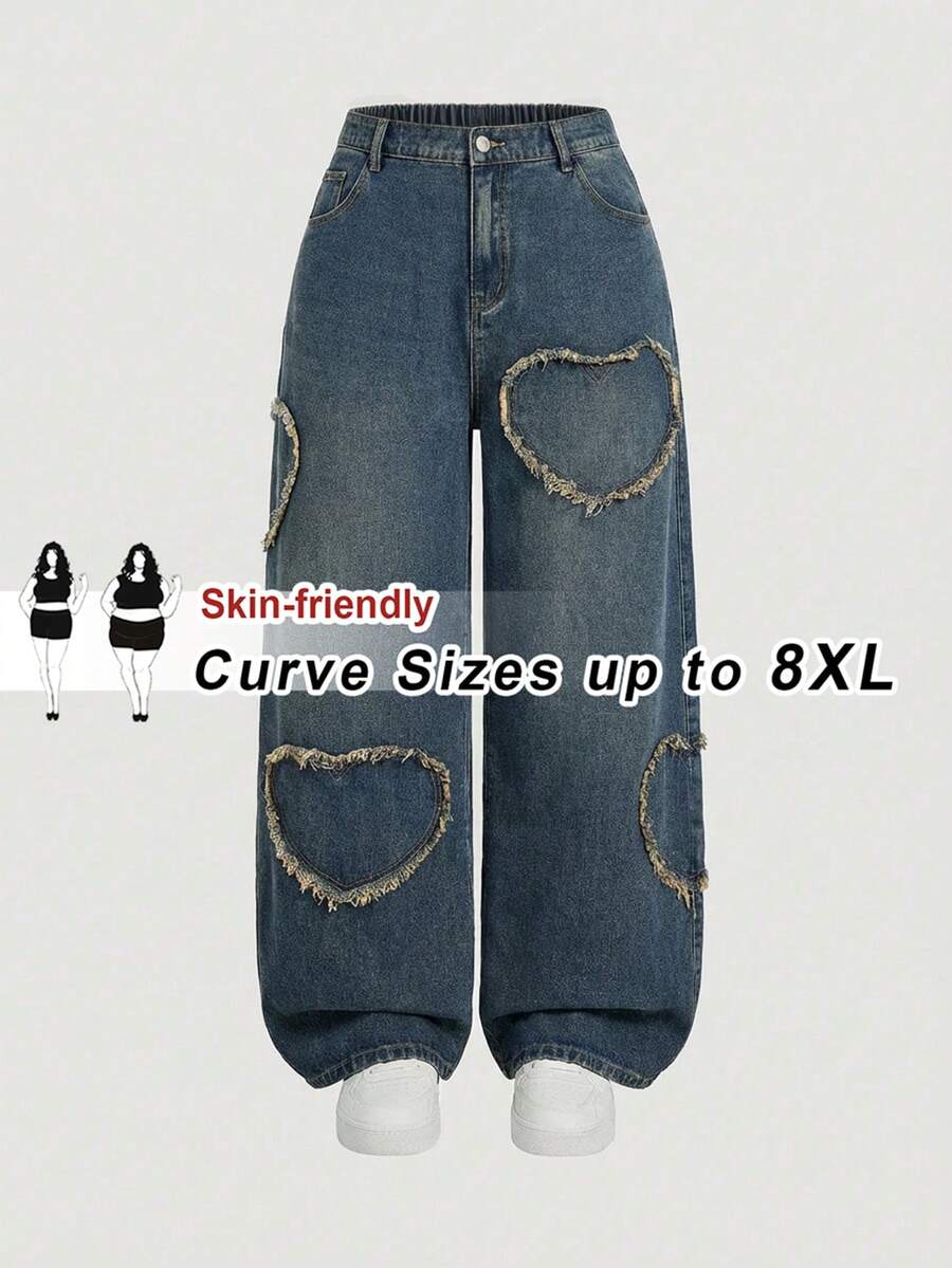 SHEIN CURVE+ 女士大码粉色爱心时尚牛仔裤,适合秋冬季节、圣诞节、新年、春夏等各种场合,包括通勤、度假、毕业季、Y2K风、街头风、派对、婚礼、商务休闲等。这款大码爱心镂空阔腿牛仔裤,轻松打造休闲牛仔风,爱心贴片毛边高腰宽松牛仔裤,Y2K美学牛仔裤,复活节可爱牛仔裤,情人节风格牛仔裤,Y2K复古风街头酷炫牛仔裤,春假穿搭。 - 藍色 - 查看 1