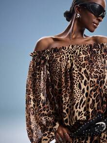 Aveloria GENKIRA Đầm voan họa tiết da báo trễ vai tay cánh hoa, thắt eo, phong cách punk gợi cảm, thích hợp cho kỳ nghỉ, thường ngày và đa năng dành cho nữ. - Nhiều màu - Xem 7