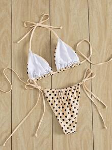 Swim Mod Summer Vacation Colorblock Polka Dot Print Halter Tie 2 Pieces Bikini Set - Multicolor - View 2