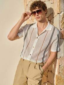 Manfinity CityGents Men's Contrast Stripe Round Neck Short Sleeve Button Front Loose Knit Top - Multicolor - View 3