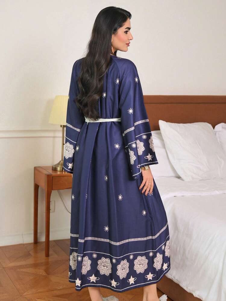Vacation Printed Loose V-Neck Long Nightgown With Shoulder Ruffle Design For Women