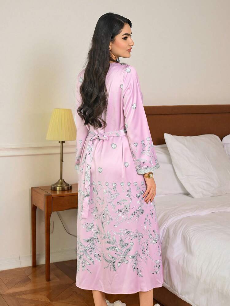 Shiny Ribbon Decor Rhinestone Pattern Allover Print Long Women Nightgown