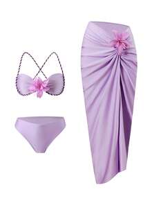 Bonvoyette Women's Shiny Fabric Beach Vacation Sexy Bikini 3 Pieces Set With 3D Floral Decor & Braided Design, Underwire Support - Purple - View 4