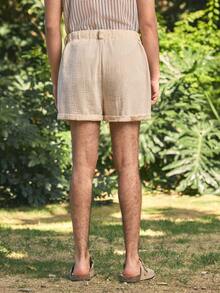 Open Phase 男式休闲编织双层皱褶面料抽绳腰短裤（带腰带环） - 卡其色 - 查看 2