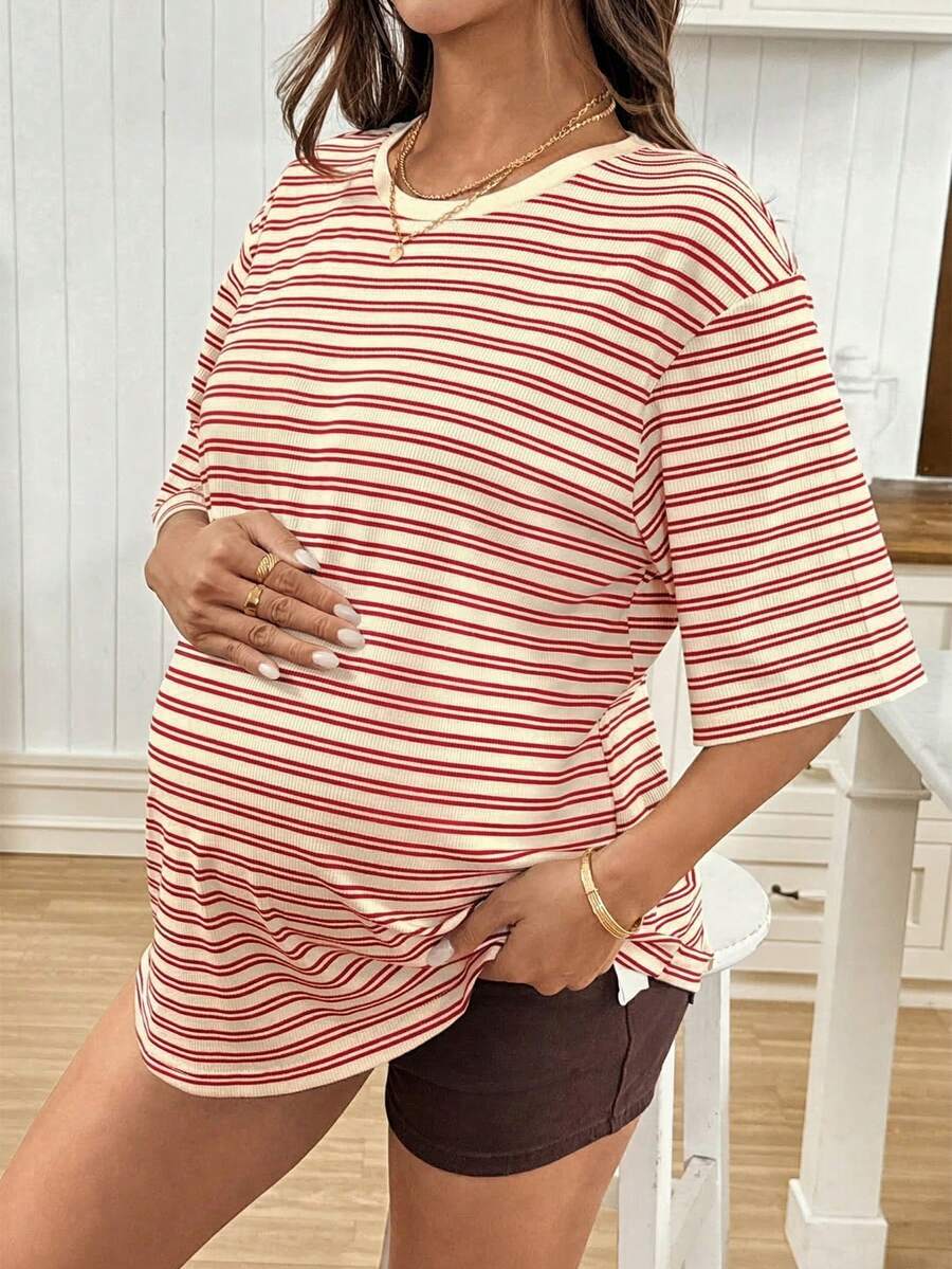 SHEIN Maternity Summer Casual Vacation Daily Commute Contrast Color Striped Print Loose Fit T-Shirt World Cup - Apricot - View 1