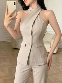 Feyla 2 件套女士纯色单排扣吊带上衣和裤子休闲装 - 杏色 - 查看 1