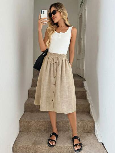 Easowa Blue Denim Effect A-Line Skirt, Loose Fit For Women, Autumn Women Vacation Outfit Sets Women Clothing Dress Coords Skirt And Top Casual Women Summer Outfits Casual Skirts For Women New Arrival Women Clothes Summer Casual Outfits For Women