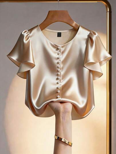 Franclia Summer New Vintage Satin Ruffle V-Neck Design Blouse, Fashionable Commuter Elegant Women Shirt Satin Blouse Silk Tops For Women Pearl Button Blouse Silk Top Satin Tops