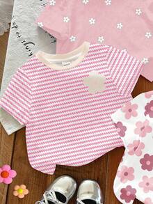 SHEIN LMoss Kids 3件套可爱卡其色碎花、米白色、粉色条纹、粉色圆领短袖基础款T恤，适合日常穿着、居家、度假、搭配，轻松舒适，可叠穿，时尚女孩，休闲装，儿童碎花图案服装，时尚秋季，时尚冬季，新款，清凉舒适 - 彩色 - 查看 7