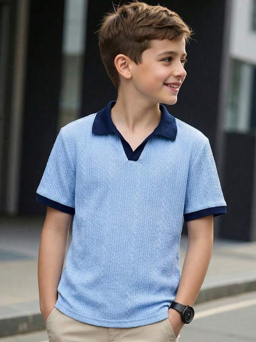 SHEIN 1件男童休闲Polo衫，面料柔软舒适，适合外出、户外活动、假日派对、夏季海滩度假以及春夏穿着。