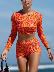 Swim SPRTY Bộ đồ lướt sóng 2 mảnh in họa tiết cam đỏ mới dành cho nữ, áo dài tay cổ tròn hở lưng phối quần short, bộ đồ lướt sóng thời trang thường ngày cho kỳ nghỉ hè. - trái cam - Xem 5