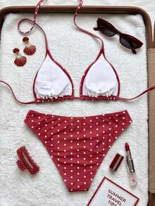 Swim Mod Set Bikini Segitiga Halter Pinggang Rendah Seksi Motif Polkadot Burgundy untuk Wanita Musim Panas - Merah - View 2