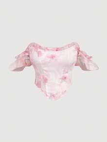 SHEIN MOD Women's Elegant Floral Print Off-Shoulder Top, Summer - Pink - View 7