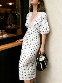 INAWLY Women's Elegant Polka Dot Print Lace Patchwork Summer Dress - Ivory White - View 3