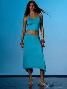 MUSERA Strappy Slinky Scoop Neck Cami Top With Low Rise Drape Detail Slinky Maxi Skirt Coord Set Sold Together Summer Sexy Going Out Beach Holiday Ibiza Club Tropical Fever - Teal Blue - View 5