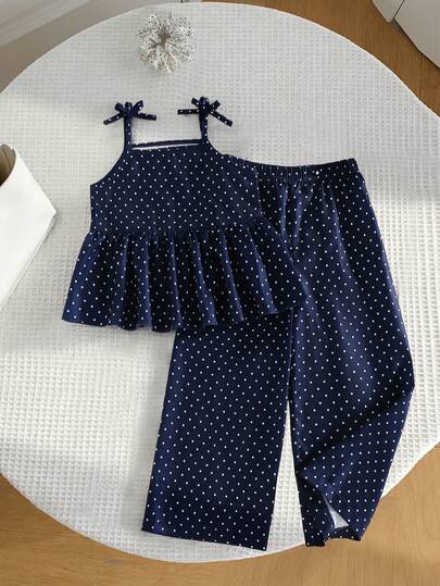 SHEIN 2件套女童休闲可爱吊带背心+长裤套装，适合日常穿着和户外活动，春夏款