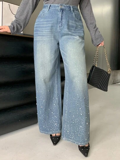 Dazy Plus Quần jean ống đứng dáng rộng đính sequin và đá lấp lánh, phù hợp cho mùa thu và mọi mùa
