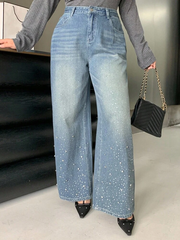 Dazy Plus Valentine Sequin & Rhinestone Decor Loose Straight Leg Long Jeans, Suitable For Autumn & All Seasons