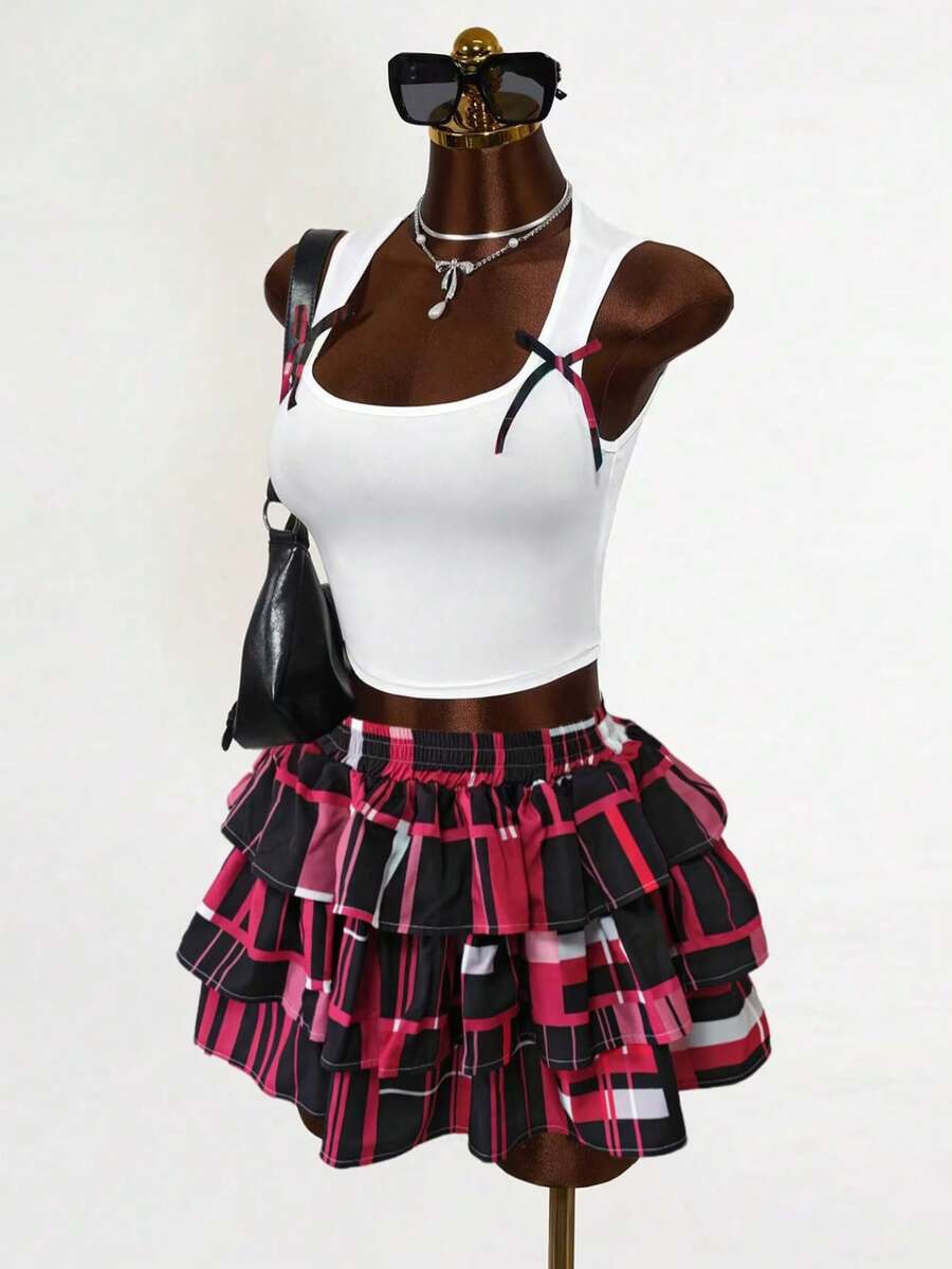 Mistrie 新款Y2K色格子蛋糕裙 - 紅色 - 查看 1