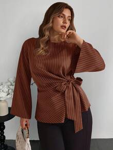 Elegantrix Áo sơ mi nữ cỡ lớn kẻ sọc tay loe buộc dây, kiểu dáng thường ngày, thích hợp cho mùa Thu/Đông. - Cà phê nâu - Xem 1