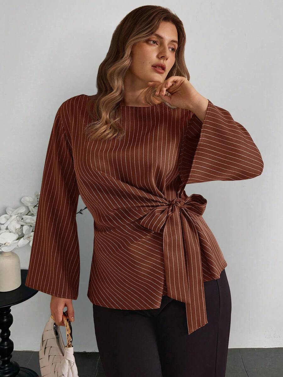 Elegantrix Áo sơ mi nữ cỡ lớn kẻ sọc tay loe buộc dây, kiểu dáng thường ngày, thích hợp cho mùa Thu/Đông. - Cà phê nâu - Xem 1