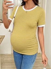 SHEIN Áo thun bầu tay ngắn cổ tròn kẻ sọc dáng ôm thoải mái - Màu vàng - Xem 6