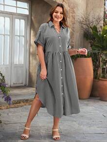 EMERY ROSE 大码休闲条纹纽扣衬衫裙 夏季连衣裙 夏季穿搭 夏季服装 春季连衣裙 春季穿搭 女士春季服装 碎花连衣裙 女士碎花连衣裙 女士海滩度假穿搭 女士度假连衣裙 波西米亚乡村风女士夏季连衣裙 女士野餐连衣裙 女士夏季连衣裙 女士春季连衣裙 女士沙滩连衣裙 假日连衣裙 乡村连衣裙 - 黑與白 - 查看 6