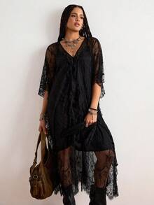 Freevana 波西米亚风春夏新款音乐节蕾丝薄纱连衣裙，V领荷叶边宽松罩衫，层叠度假风优雅长裙 - 黑色 - 查看 5