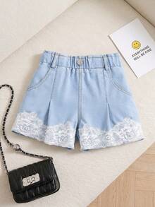 SHEIN Young Girls Summer Washed Denim Shorts, Casual Elastic Waist Loose Fit Wide Leg Lace Trim Blue Jeans Shorts - Blue - View 8