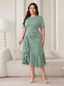 Modelyn Vestido elegante de unicolor con volantes en el bajo, talla grande, para verano - Verde - Ver 7