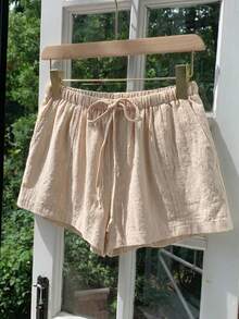 Comfortcana Women's Casual Loose Drawstring Solid Color Shorts, Versatile Daily Wear Khaki Linen Spring/Summer Beach For Women Summer - Khaki - View 6
