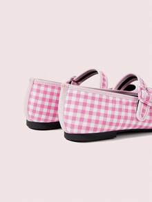 CUCCOO DOLLMOD Ladies Pink And White Plaid Splicing French Retro Square Toe Elegant Word-For-Word Bag Buckle Simple Design Mary Jane Flat Shoes Suitable For All Seasons Holiday Birthday Party Low Vamp Shoes - Pink and white plaid - View 4