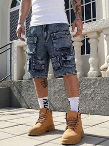 ROMWE MEN Men's Casual Washed Denim Cargo Shorts - Blue - View 1